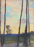 Lesser Ury, Kahle Stämme gegen Abendhimmel, Pastell auf Pappe