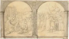 Friedrich Wilhelm Schadow, Gleichnis vom verlorenen Schaf und verlorenen Sohn, mit allegorischer Umrahmung. Vor 1819, Bleistift, weiß gehöht / Umrahmung grau-braun laviert, teilweise in Gold gehöht auf Transparentpapier