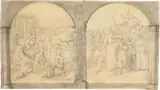 Friedrich Wilhelm Schadow, Gleichnis vom verlorenen Schaf und verlorenen Sohn, mit allegorischer Umrahmung. Vor 1819, Bleistift, weiß gehöht / Umrahmung grau-braun laviert, teilweise in Gold gehöht auf Transparentpapier