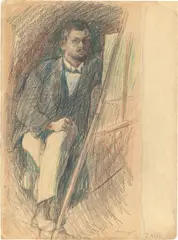 Max Slevogt, Selbstbildnis an der Staffelei, Um 1890, Farb- und Bleistift auf hellbraunem leichten Karton