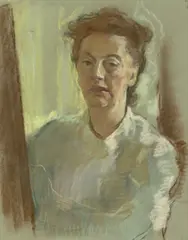 Lotte Laserstein, Selbstportrait an der Staffelei, Um 1951, Pastell auf graugrünem Bütten (Wasserzeichen: CANSON MONTGOLFIER FRANCE)