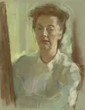 Lotte Laserstein, Selbstportrait an der Staffelei, Um 1951, Pastell auf graugrünem Bütten (Wasserzeichen: CANSON MONTGOLFIER FRANCE)
