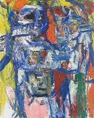 Heimrad Prem, Figuration: zwei sich anfassende, sich zugewandte Figuren im Halbprofil, Um 1961, Öl auf Leinwand