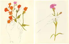 Andy Warhol, Hand with Flowers / Carnation, Um 1957, 2 handaquarellierte Offsetlithographien