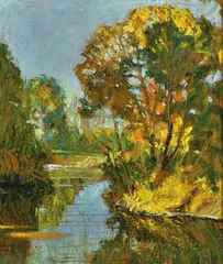 Grant Wood, Indian Creek, 1927, Oil on paper laid down on board