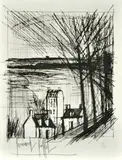 Bernard Buffet, La Canal and Trois Maisons sur le lac, 1968, Dry point etchings