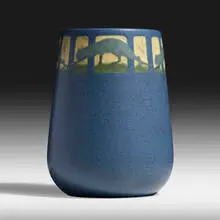 Marblehead Pottery, Rare vase with crouching panthers in low relief, 1908-20, glazed earthenware