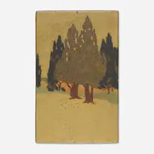 Arthur Eugene Baggs for Marblehead Pottery, Exceptional and Rare scenic tile, 1908-20, glazed earthenware