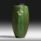Rare vase with irises by Grueby Faience Company, 1898-1910, glazed earthenware, sold Sep 2020