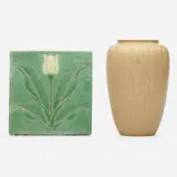 tulip tile and vase by Grueby Faience Company, 1898-1910, glazed earthenware, sold Sep 2020