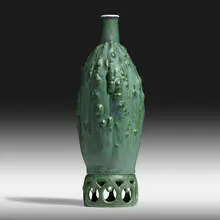 Taxile Doat for University City, Exceptional and Rare gourd vase and reticulated stand, 1913, matte and crystalline glazed porcelain