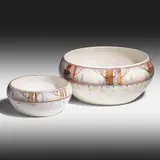 Rare bowls, set of two by Frederick Hurten Rhead for University City, 1911, glazed earthenware with enamel decoration, sold Sep 2020