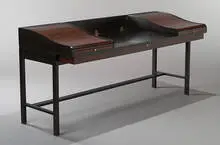 desk by Edward Wormley, c. 1967, ebonized walnut, rosewood, brass, leather, sold Mar 2007