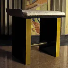 vanity stool by Donald Deskey, c. 1931, maple, lacquered wood, brass, upholstery, sold Mar 2007
