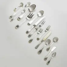 Porter Blanchard, flatware, c. 1935, hand-hammered sterling silver, stainless steel