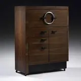 Gilbert Rohde, drop-front desk, model #3425, c. 1940, East Indian laurel, matte chrome-plated steel, lacquered wood