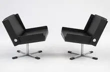 Esko Pajamies, Bonzo lounge chairs, pair, 1964, chrome-plated steel, black skai, plastic