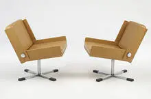 Esko Pajamies, Bonzo lounge chairs, pair, 1964, chrome-plated steel, black skai, plastic