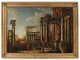 A capriccio of Roman ruins with the Temple of Antoninus and Faustina by Giovanni Paolo Panini, oil on canvas, sold Jul 2022