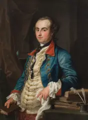 Pompeo Batoni, Portrait of Edward Solly, half length, in a blue coat and cream waistcoat, standing beside a table, oil on canvas
