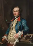 Pompeo Batoni, Portrait of Edward Solly, half length, in a blue coat and cream waistcoat, standing beside a table