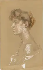 Max Klinger, Frauenportrait im Profil, 1906, Gouache über Kreide und Bleistift auf braungrünem Papier