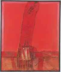 König Uru - rot by Karl Fred Dahmen, 1966, Mischtechnik mit Collage auf Rupfen, sold Dec 2021