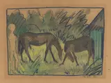 Otto Mueller, Zwei Pferde mit Junge und Hütte, Um 1924, Aquarell über schwarzblauer Kreide auf bräunlichem festen Velin