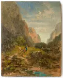 Carl Spitzweg, Im Hochgebirge (Sennerin und Kind auf dem Pfad), Um 1871, Öl auf Holz