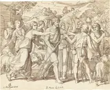 Julius Schnorr von Carolsfeld, Moses schützt die Töchter Jethros, 1824, Feder in Braun über Bleistift auf Velin