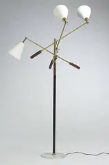 Arredoluce, Three Arm floor lamp, c. 1960, brass, enameled steel, marble, enameled aluminum, leather