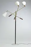 Arredoluce, Three Arm floor lamp, c. 1960, brass, enameled steel, marble, enameled aluminum, leather