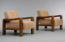 lounge chairs model #4834, pair by Edward Wormley, c. 1948, upholstery, leather, sold Mar 2007