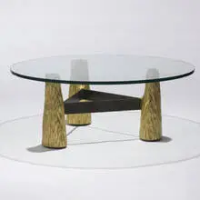 coffee table by Phillip Lloyd Powell, 1956, gilt and carved wood, glass, steel, sold Mar 2007
