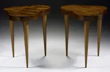 occasional tables model #4187, pair by Gilbert Rohde, c. 1940, acacia burl, leather, brass, sold Mar 2007