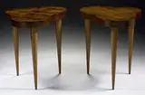 Gilbert Rohde, occasional tables model #4187, pair, c. 1940, acacia burl, leather, brass