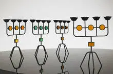 candelabrum, set of four by Erik Hoglund, c. 1960, painted iron, glass, sold Mar 2007