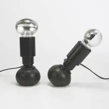 table lamps, pair by Gino Sarfatti, c. 1966, enameled steel, leather, sold Mar 2007