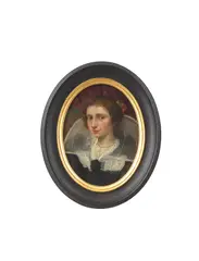 Antwerp School, Portrait of a lady, bust-length, in black and white costume, before a red curtain, oil on copper, oval