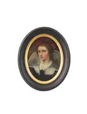 Antwerp School, Portrait of a lady, bust-length, in black and white costume, before a red curtain, oil on copper, oval