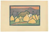 Gabriele Münter, Heuhaufen, Um 1910, Farbholzschnitt auf dünnem Papier