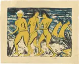 Otto Mueller, Fünf gelbe Akte am Wasser, 1921, Farblithografie auf gelblichem Velin