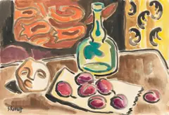 Karl Schmidt-Rottluff, Stilleben mit Pflaumen und Steinmaske, 1953, Aquarell und Tuschfeder über Bleistift auf Papier