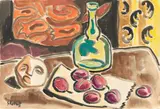 Stilleben mit Pflaumen und Steinmaske by Karl Schmidt-Rottluff, 1953, Aquarell und Tuschfeder über Bleistift auf Papier, sold Sep 2022
