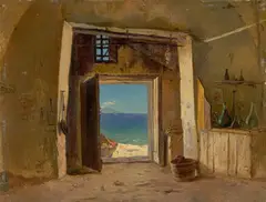 Deutsch, um 1850, Blick aus einem italienischen Gewölbe aufs weite Meer, Öl auf Papier, auf Hartfaser aufgezogen