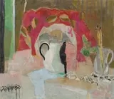 Oskar Moll, Stilleben mit Porträtkopf Lita und Krug mit Pinseln“ („Stilleben mit Terrakotta“), 1947, Öl auf Baumwolltischdecke