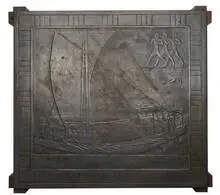 Art Foundry, Occasional table, Cast bronze with patina and solid walnut baseTable top with Egyptian Hieroglyphics from the Temple of God Suchos (Crocodile God) of 1800 BC