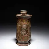 Peter Voulkos, Lidded vessel, Wheel thrown stoneware jar with lid decorated with applied sgraffito technique