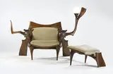 Jack Rogers Hopkins, custom lounge chair and ottoman, c. 1970, cherry, walnut, ebony, rosewood, glass, upholstery