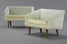 Slipper benches model #684, pair by Edward Wormley, c. 1947, upholstery, zebrawood, sold Mar 2007